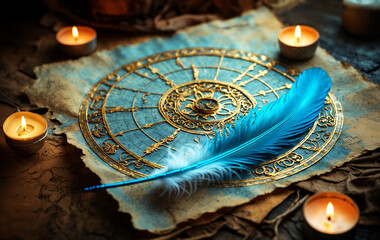 ancient mystical parchment with gold ornaments, candles and blue feather, astrology, religious, spiritual wisdom conncept