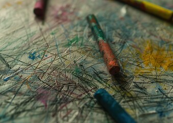 Naklejka premium Colorful crayons scattered on a textured, artistic surface.