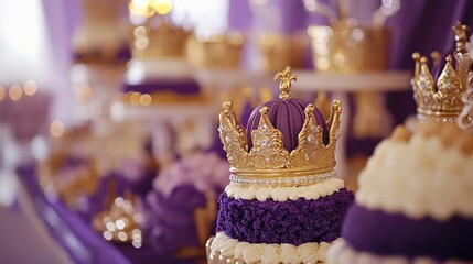 Purple and gold royal themed cake with crown.