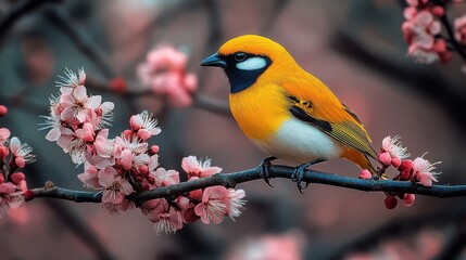 Fototapeta premium A vibrant yellow bird perched on a blooming branch of pink flowers
