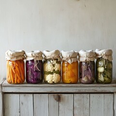 Assorted variety of jars with preserving assorted vegetables: cauliflower, carrots, onions. Fermented healthy food concept. Rustic background