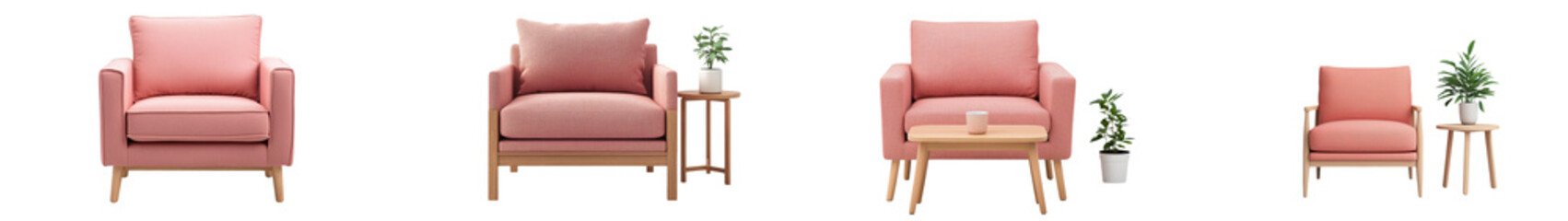 Elegant and minimalist living room featuring comfortable pink armchairs with wooden details complemented by a side table and potted plants creating a serene and inviting atmosphere