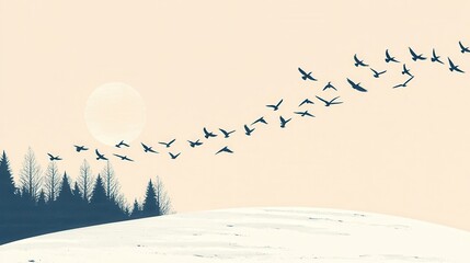 Birds Flying Over Winter Landscape at Sunset.
