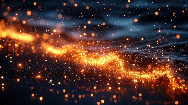 Shimmering golden dust trail on dark background, with blue, wavy abstract pattern