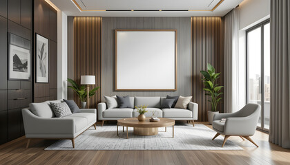 Modern Luxury Living Room with Neutral Tones, Elegant Furniture, and Large Windows

