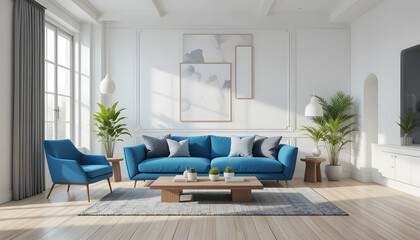 Modern Minimalist Living Room with Blue Sofa, Natural Light, and Elegant Decor

