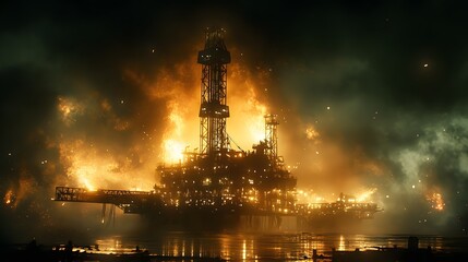 Obraz premium A burning oil rig at night. The flames illuminate the surrounding area, creating a dramatic and dangerous scene. Oil Production Process Theme Background Dramatic night of an Oil Rig