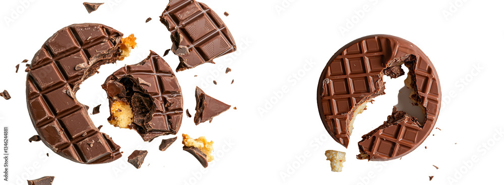 Poster the image features broken chocolate cookies with crumbs, captured from directly above and set agains