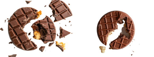 The image features broken chocolate cookies with crumbs, captured from directly above and set against a plain white background