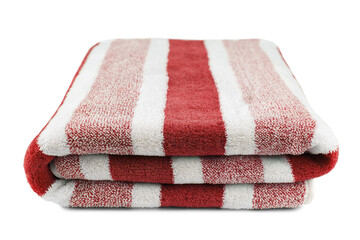 Carefully folded soft striped bath red towel isolated on white, transparent background. Terry...