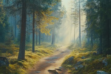 Obraz premium A tranquil forest path illuminated by golden light in the early morning mist