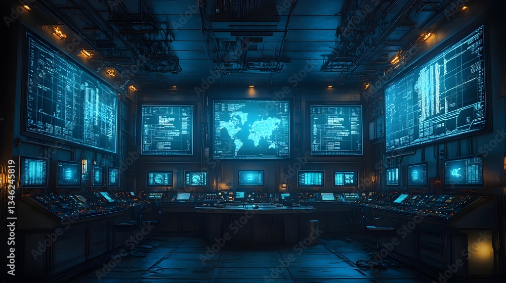Poster a futuristic control room filled with large screens displaying global network data, showcasing advan