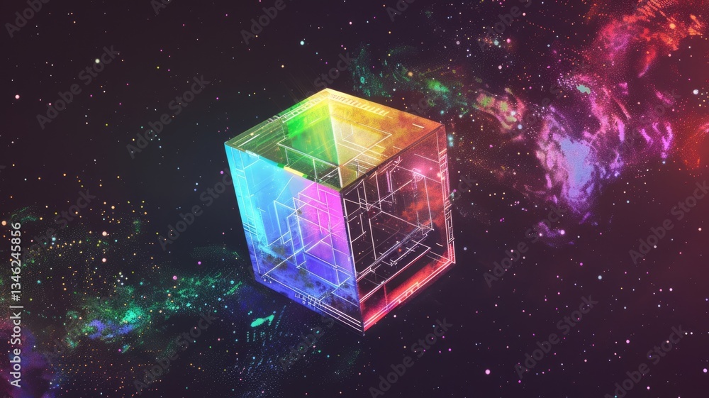 Aufkleber abstract chaotic and energetic of mixed digital style cube object, burst of colorful light pattern i