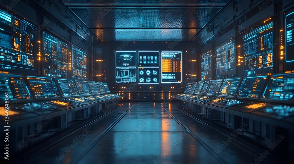 Poster image of a futuristic control room with many screens showing data and information. oil production pr