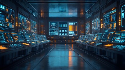 Image of a futuristic control room with many screens showing data and information. Oil Production Process Theme Background. Futuristic Control Room: A Digital Command Center