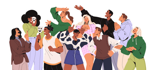 Crowd of actors and actresses play artistic roles in theater. Theatrical troupe, performers show different expressions and emotions. Acting skills and art. Flat isolated vector illustration on white