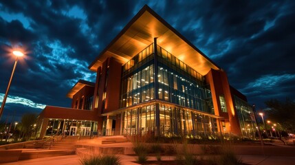 Modern Architecture Building Illuminated at Night with Dramatic Cloudy Sky.