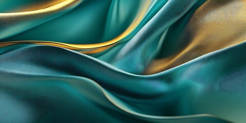 Obraz premium Serene teal silk fabric elegantly draped, shimmering with golden highlights, a luxurious textile dream in soft, flowing waves.
