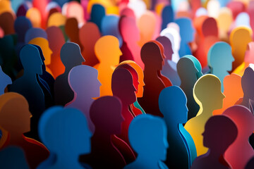 Colorful crowd of diverse people made of paper cutouts.