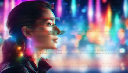 Young woman with futuristic neon lights blurry background in split effect sci-fi concept