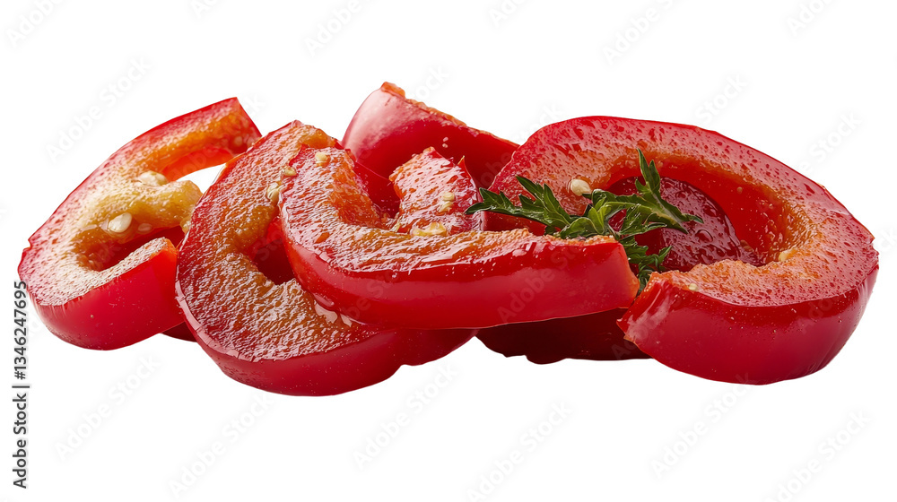 Poster isolated on a white background is a pile of fresh red pickled paprika, which is being stored for the