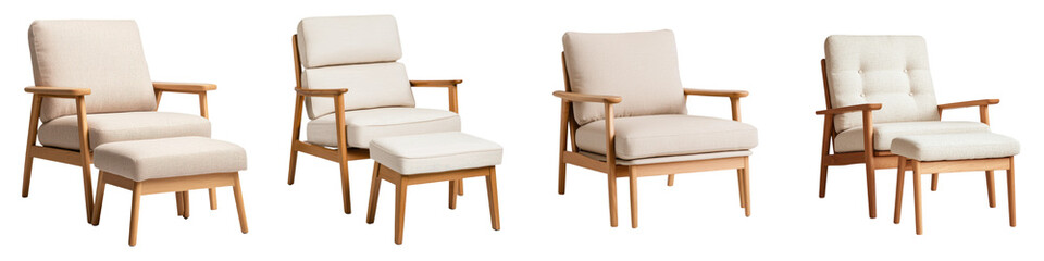 Obraz premium A curated collection of modern wooden armchairs with plush neutral toned upholstery offering both style and comfort for a cozy relaxing living space