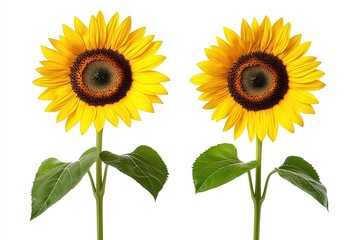 Obraz premium Two Vibrant Sunflowers Isolated on White Background, Summer Floral Photography