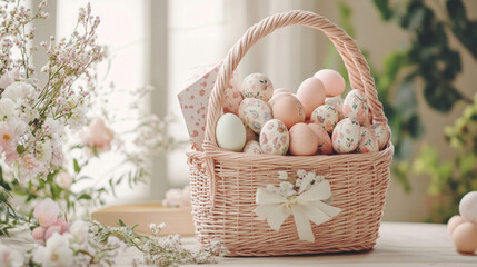 Obraz premium A beautifully arranged Easter basket is overflowing with pastel-colored eggs, adorned with floral patterns, set among delicate blooms in a sunlit room, creating a festive atmosphere.
