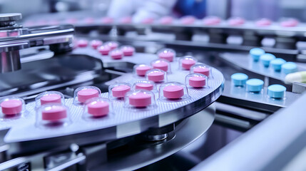 Close-up view of pharmaceutical manufacturing process with pills on production line