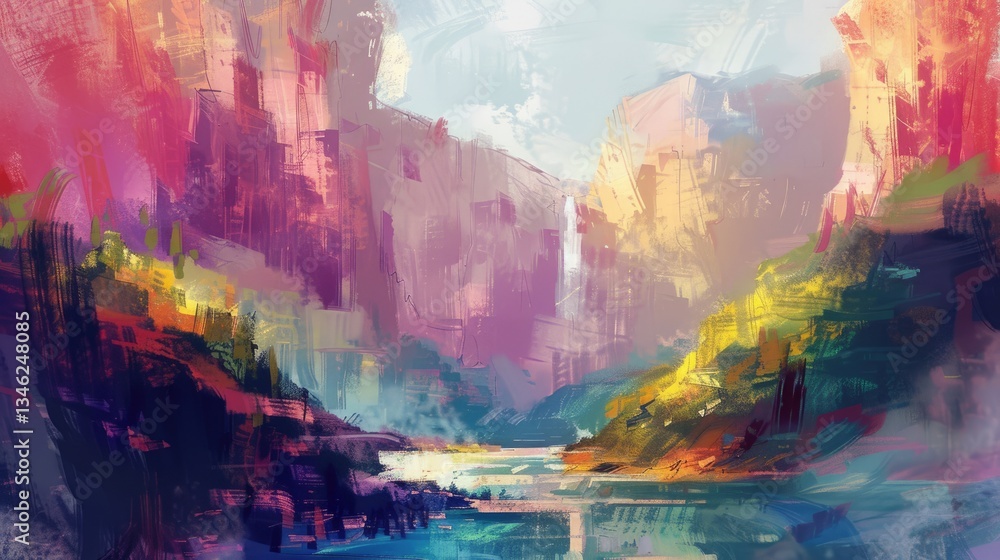 Poster the abstract drawing of the abstract colourful nature that painted with paint brush colour, the abst