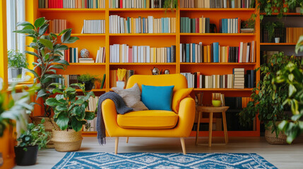 A cozy home library features a bright yellow armchair and an array of colorful bookshelves. Green plants add life to the space, creating an inviting reading nook filled with warmth.