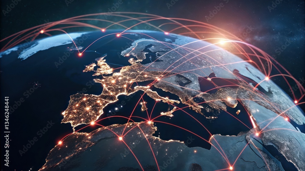 Poster global network connecting across the planet, showcasing the interconnectedness of communication and 