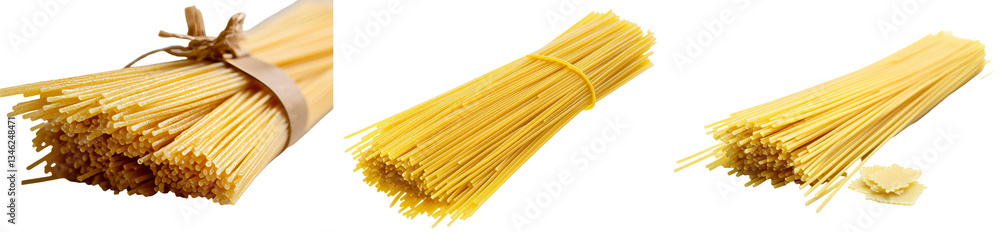 Poster an isolated pile of raw spaghetti is positioned on a white background and captured from a top view