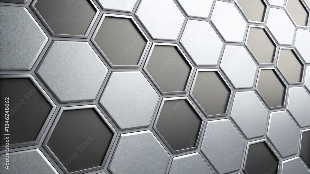 Poster an eye-catching honeycomb structure with hexagonal tiles in various shades of gray and silver, demon