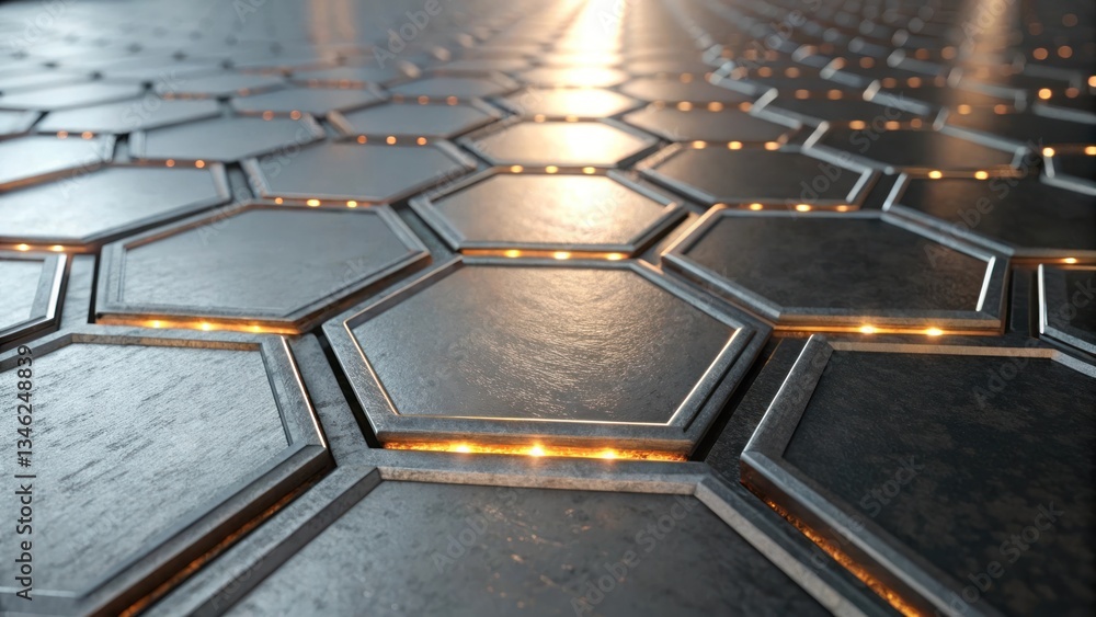Poster a close-up view of a sleek, modern honeycomb pattern made of hexagonal metal tiles. each tile has a 