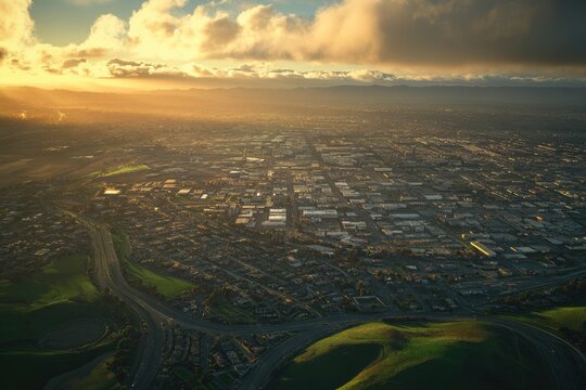 Aerial View of Hayward, California. City Landscape with Green Hills and Bright Sunset in East San Francisco Bay Area