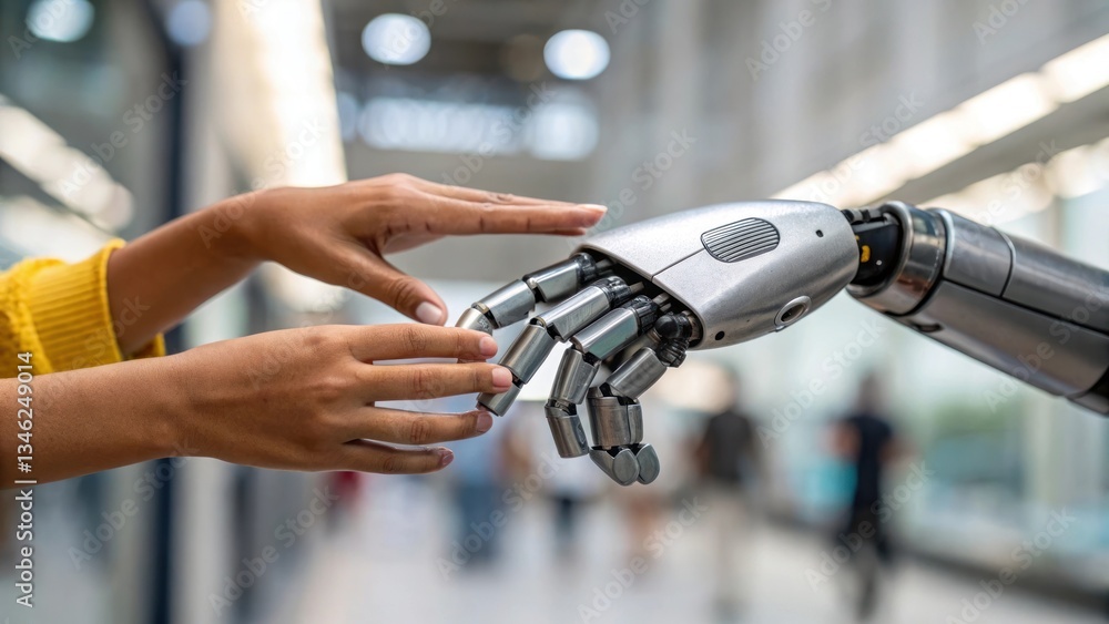 Poster human and robot hands touch symbolizing connection and innovation