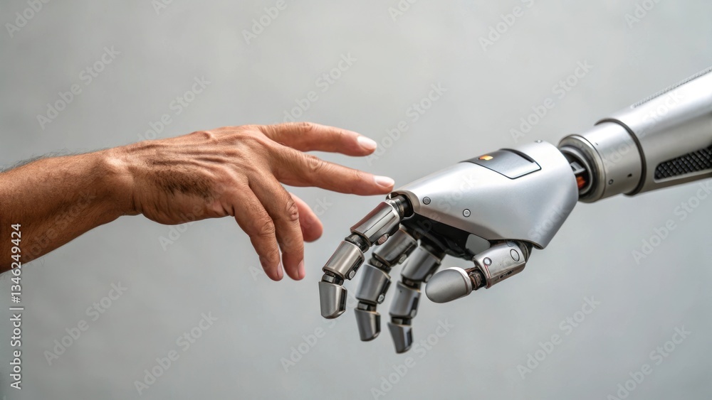 Poster a symbolic handshake between human and robot, representing connection and technology