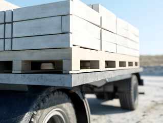 close up view of delivery truck flatbed carrying stacked wooden pallets, showcasing texture and arrangement of materials. scene conveys sense of industrial efficiency and readiness for transport