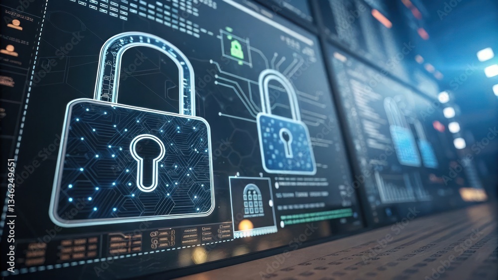 Poster cybersecurity digital display shows padlock icons, representing secure data and network protection