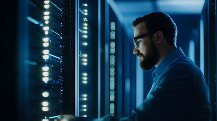 data center administrator is focused on implementing cybersecurity protocols while working with server racks. environment is illuminated by blue lights, creating high tech atmosphere
