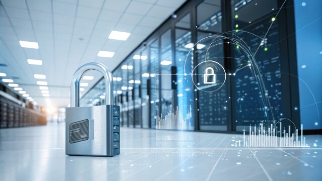 A secure data center with a large padlock in the foreground, emphasizing data protection and security. Lines of servers extend into the background.