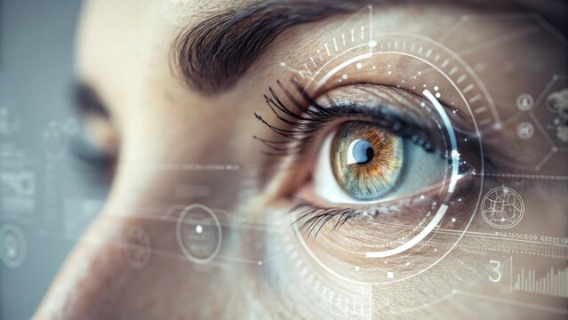 a detailed closeup of a person's eye, showcasing modern technology elements superimposed on the iris