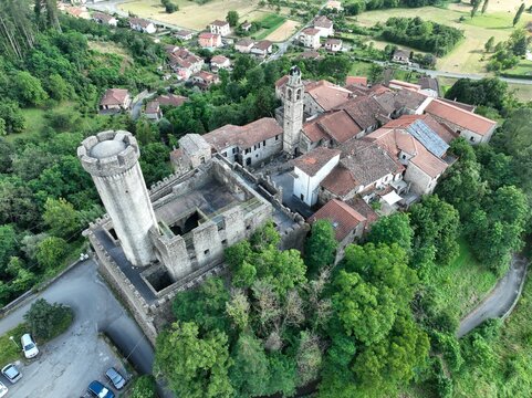 Aerial view of Malgrate village an his the Malaspina castle. Malgrate, Villafranca in Lunigiana, Massa Carrara, Italy. 