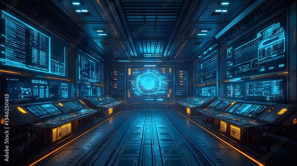 Poster a digital rendering of a futuristic control room, filled with glowing screens and advanced technolog