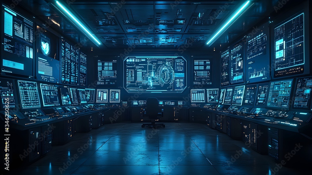 Poster image of a futuristic control room filled with numerous screens displaying data and information. a h