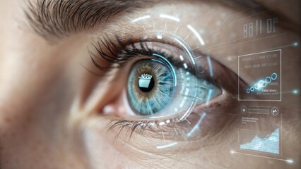 Close-up of a human eye with futuristic digital interface overlay