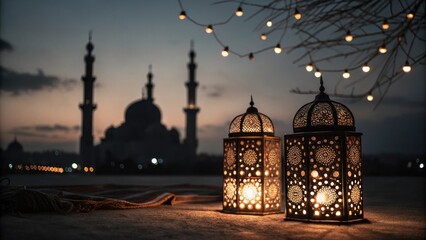 festive lanterns illuminate the dusk with mosque silhouette. The scene evokes a sense of serenity and cultural richness