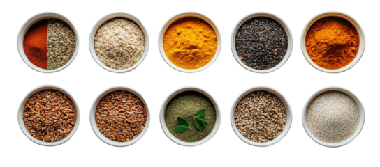 A clay pot contains an assortment of grains including oats, corn, quinoa, wild rice, and other cereals, all on a white background