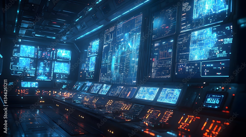 Poster a futuristic control room filled with numerous glowing screens displaying digital information. the s